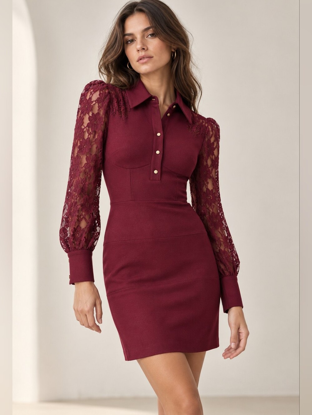 NWT KAREN MILLEN Collared Lace Sleeves Stretch Jersey Mini Dress In Fig Size 10